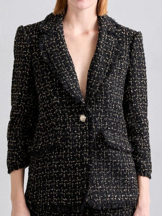 cinq a sept Jackets & Blazers - Cinq à Sept 'Khloe' Fringe-Trim Sylvie Boucle Blazer, Black/Gold